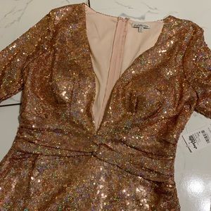 Rose Gold Long Sleeve Plunge Sequin Dress